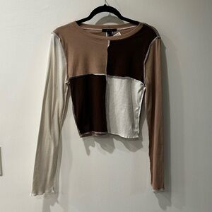 Forever 21 Tan and Black Color Block Crop Blouse